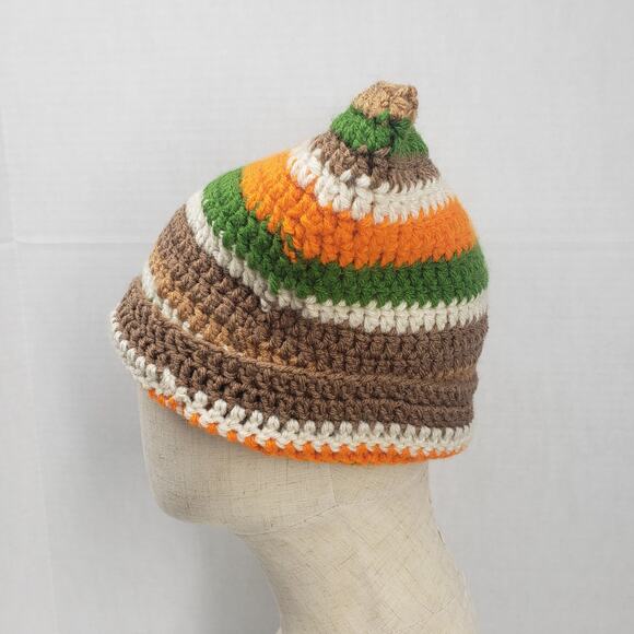 Cat Ear Beanie Crochet Hat Brown Green Stripe Handmade Knit Kitty Soft Winter main image 6